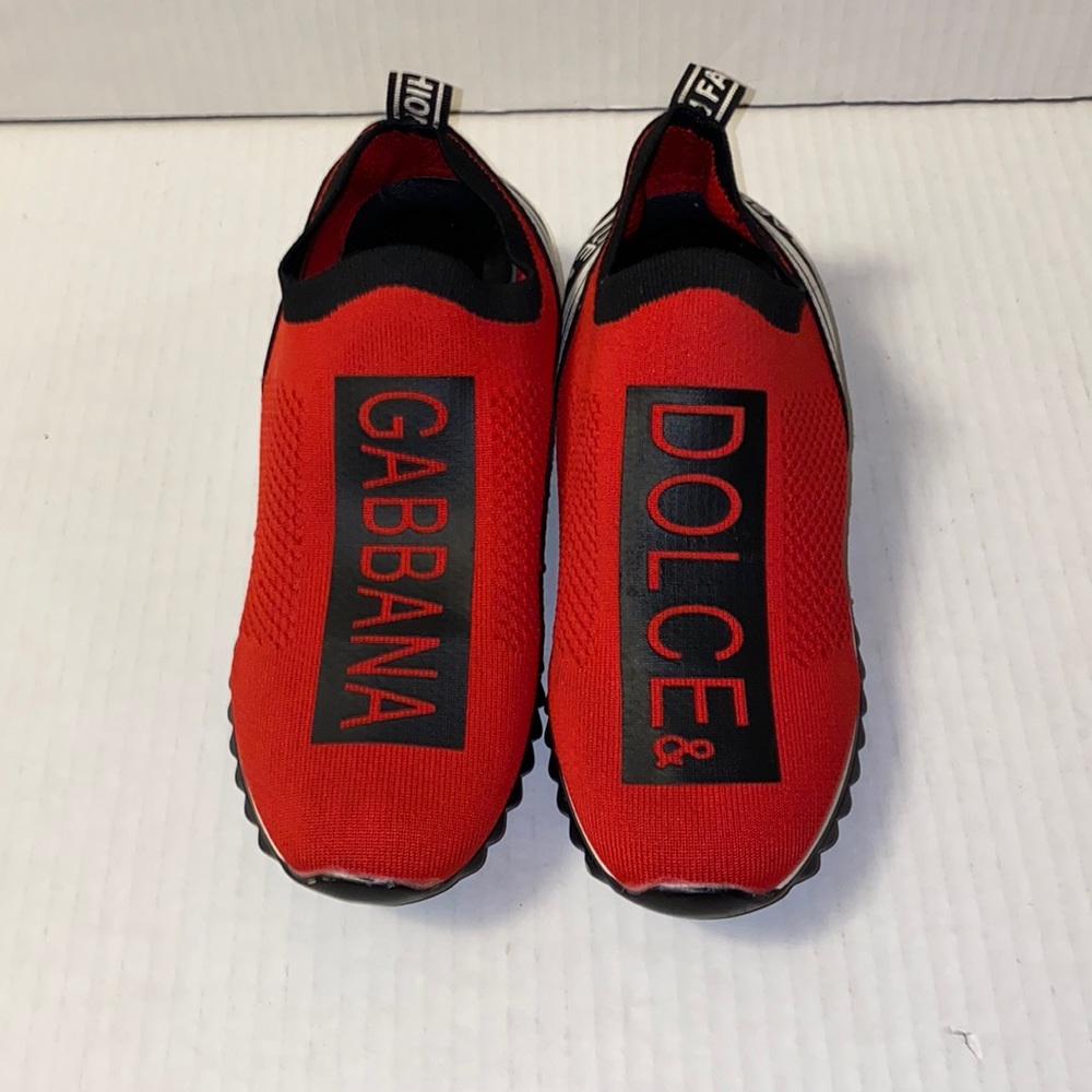 Dolce & Gabbana Red Knit Slip-On Sneakers with Black Logo Panels